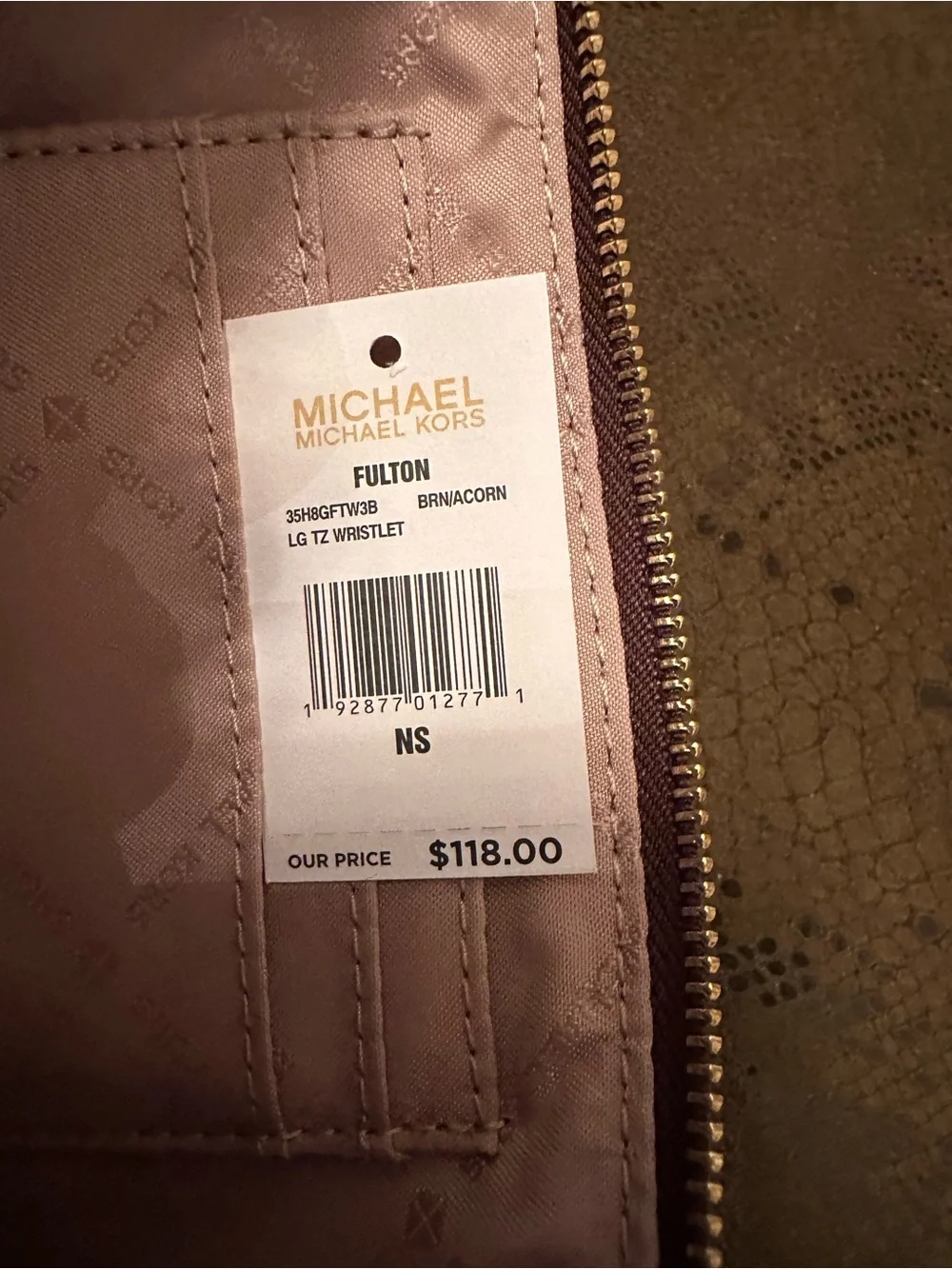 Michael Kors Fulton Large Top Zip Wristlet NWT Brown Acorn